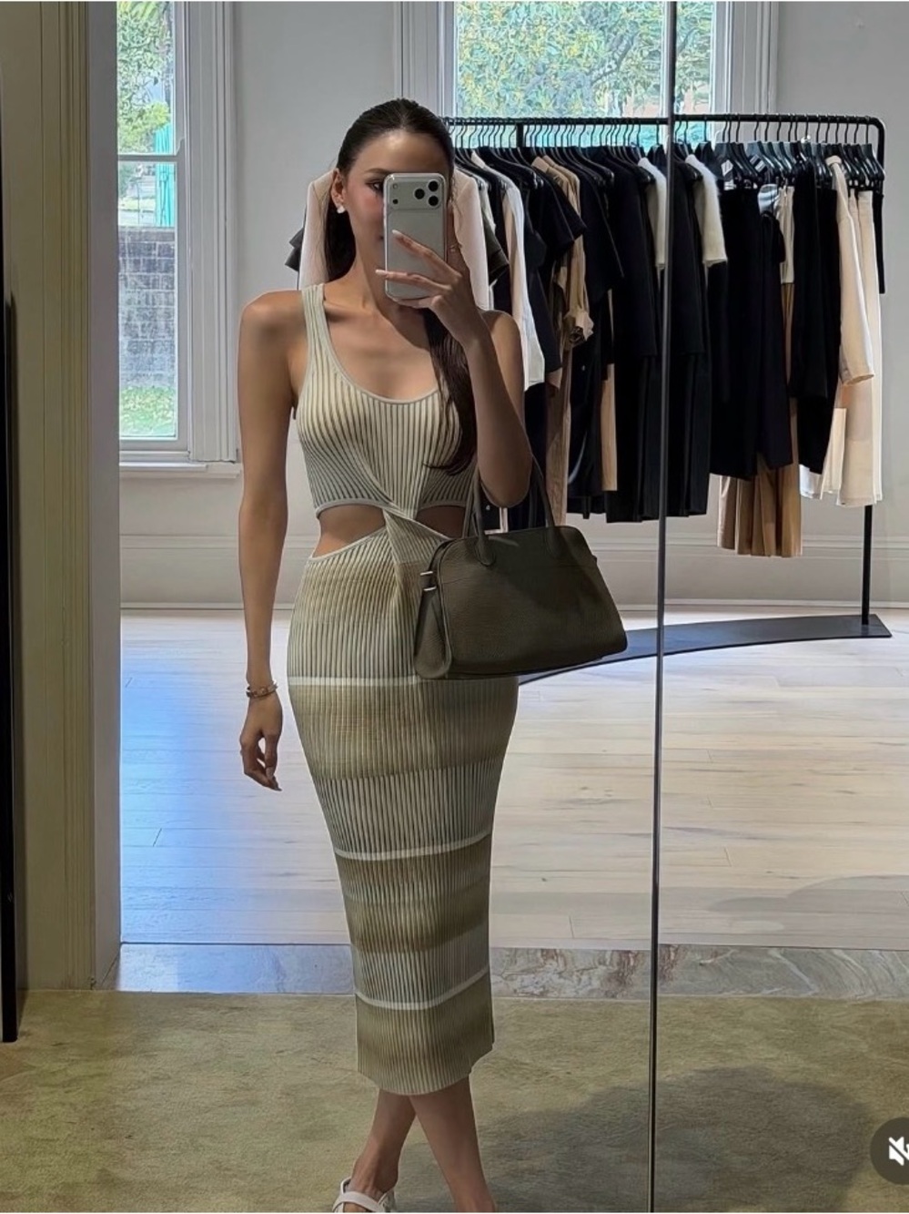 Jonathan Simkhai Olive Ribbed Cutout Maxi Dress